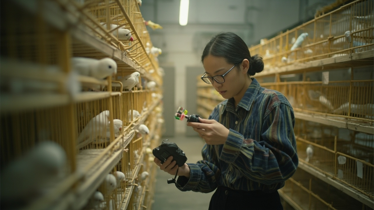 河南商丘一家鹦鹉养殖场，工作人员正在扫描鹦鹉脚环
