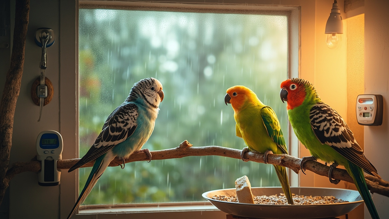 室内鸟舍中三只家养鹦鹉在玻璃窗隔开的雷雨天气中栖息，旁边挂着温湿度计
