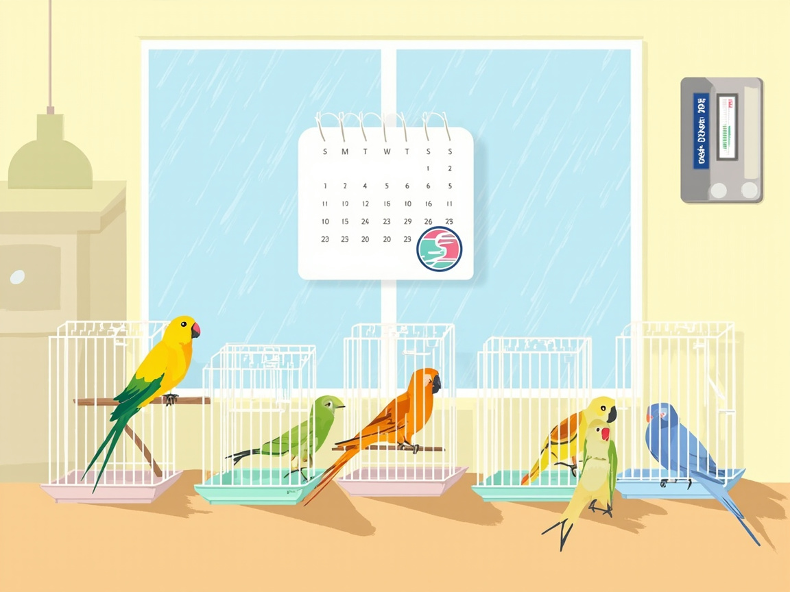 编辑信息图：7 月下半月日历与雨滴、台风符号叠加，背景是家中一排小型鸟笼与温湿度计