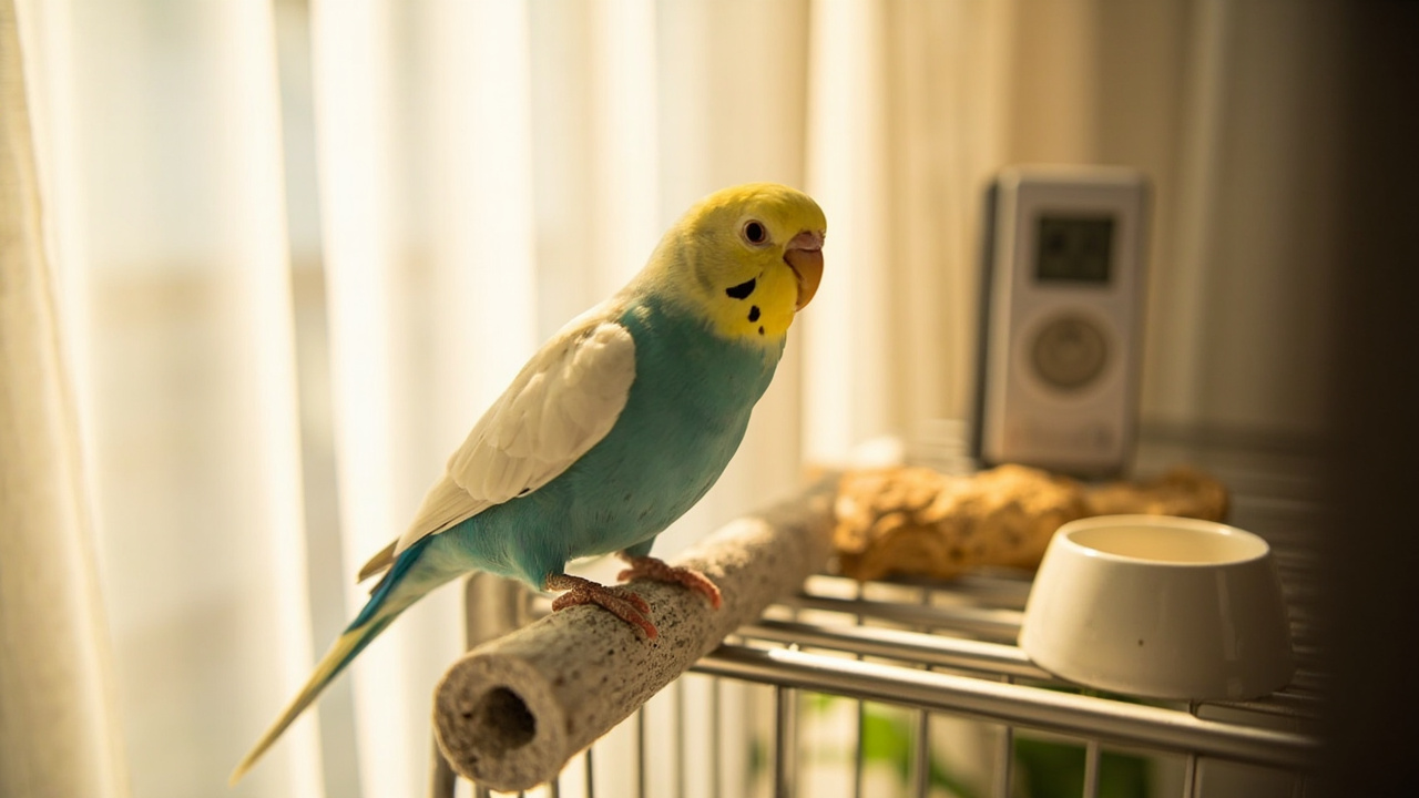 一只虎皮鹦鹉站在通风良好的室内栖架上，旁边有水碗和温湿度计。