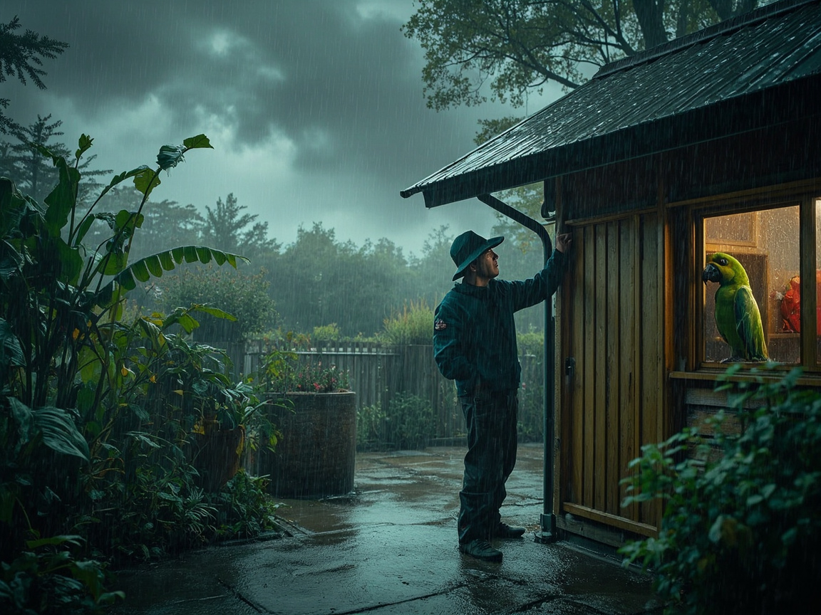 强降雨天气下鸟舍排水与遮雨情况的实拍示意