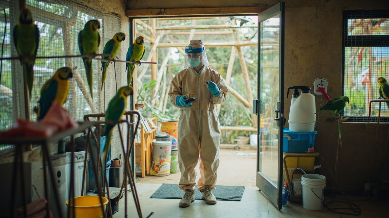 鸟舍饲养员穿着防护用品进行鹦鹉舍清洁与生物安全管理