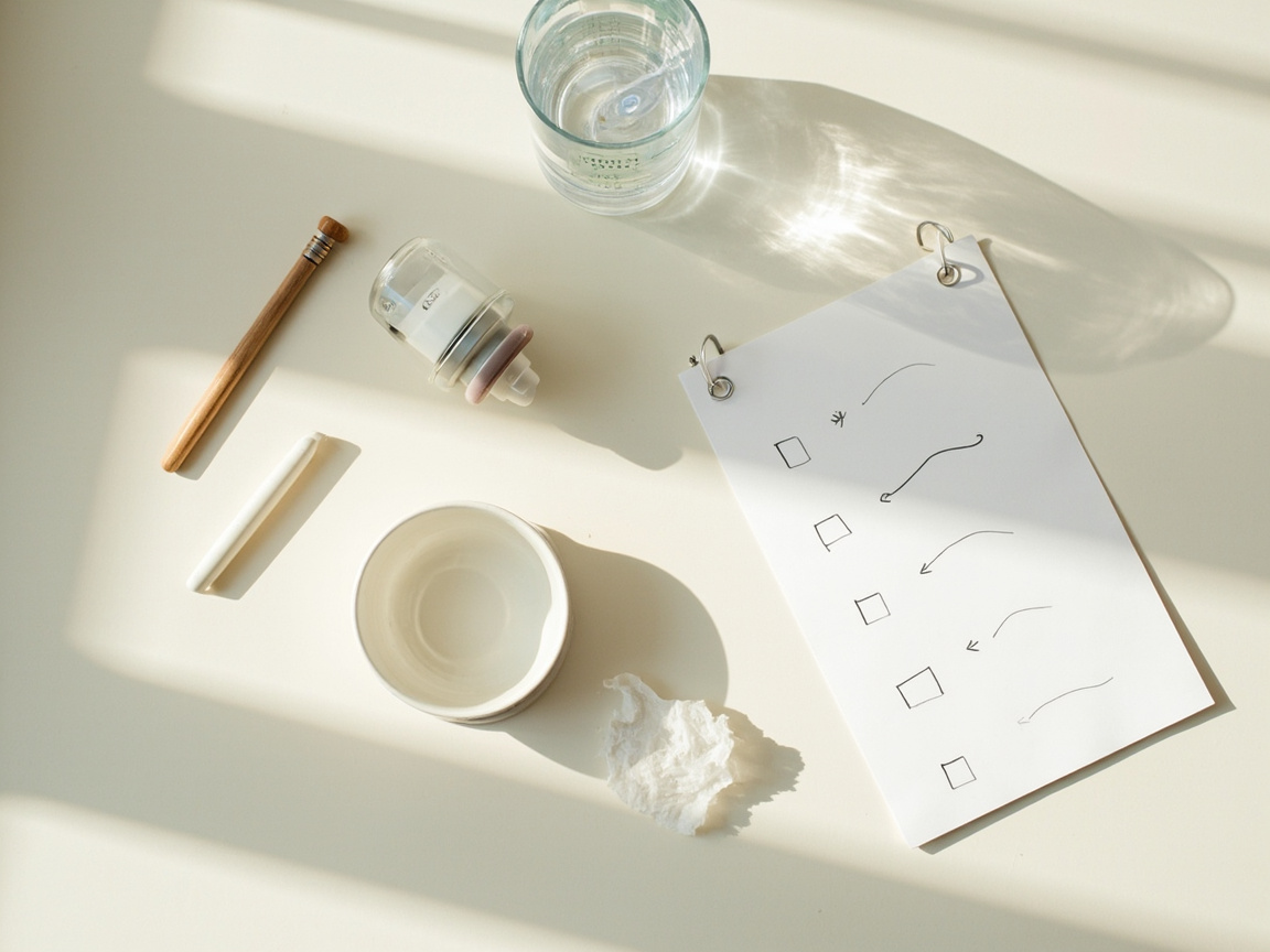 一张俯拍风格的图片:鹦鹉食碗、温度计、饮水器和一张简易自检清单