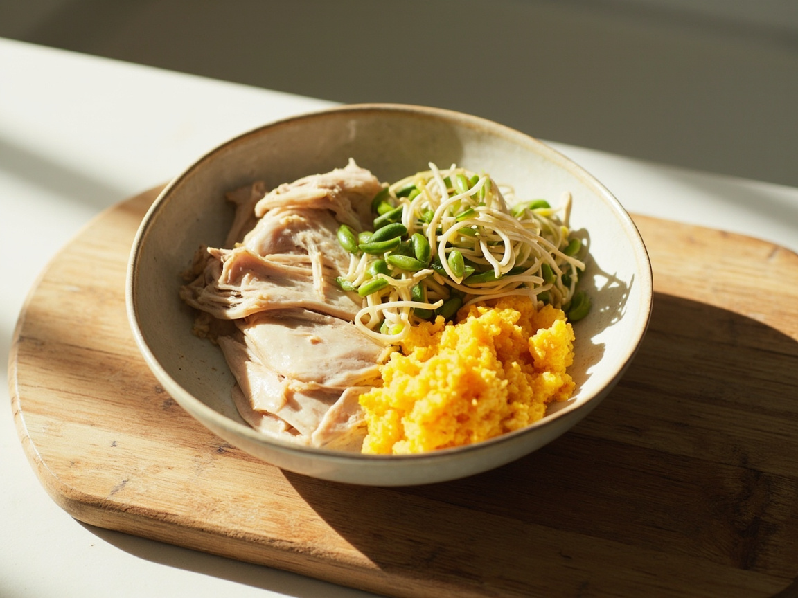 熟鸡胸肉、发芽绿豆与少量熟蛋黄作为换羽期蛋白来源