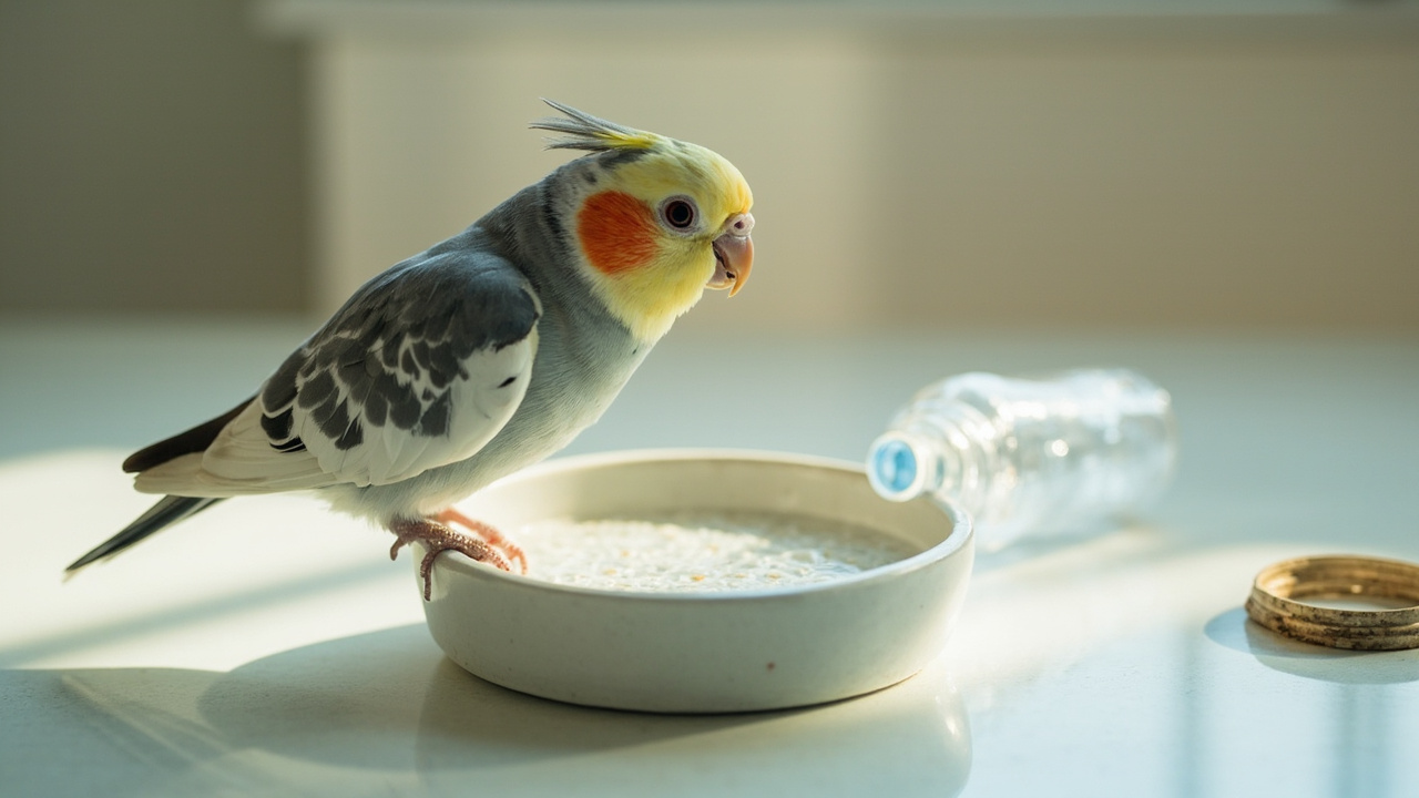 玄凤鹦鹉与待清洁的陶瓷水碟、饮水瓶
