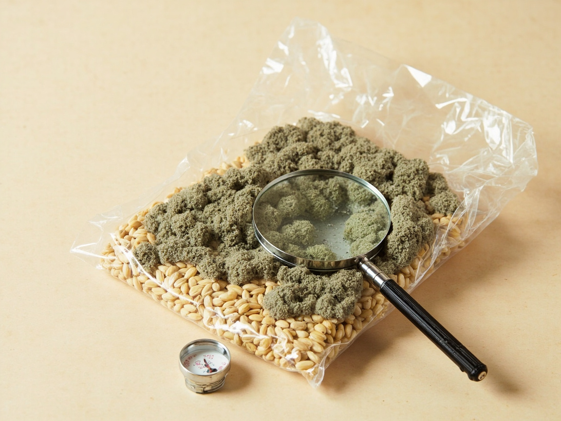 袋装种子粮出现霉点的特写示意